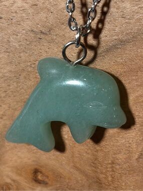 Green Aventurine Dolphin Hand-Carved Pendant Necklace Long